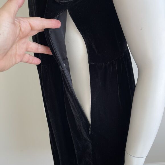 J Crew Sz 8 Black Velvet Tiered Midi Dress Ruffle Neck & Sleeve Stretch Pockets - Picture 9 of 13